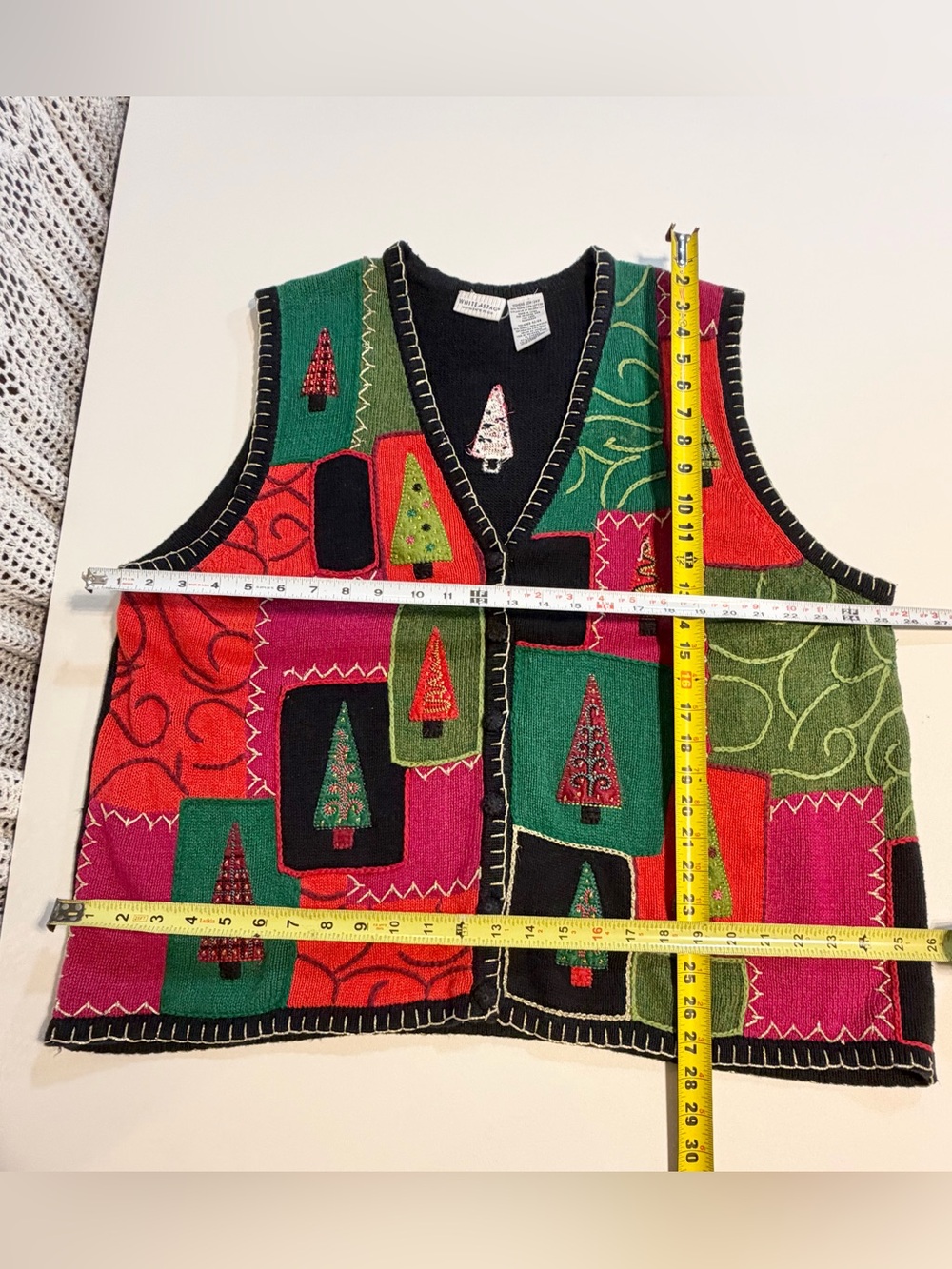 VINTAGE 90s Christmas tree knit sweater vest cardigan button front - Picture 7 of 8